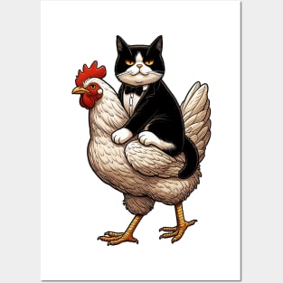 Tuxedo Cat Riding on A Chicken Posters and Art